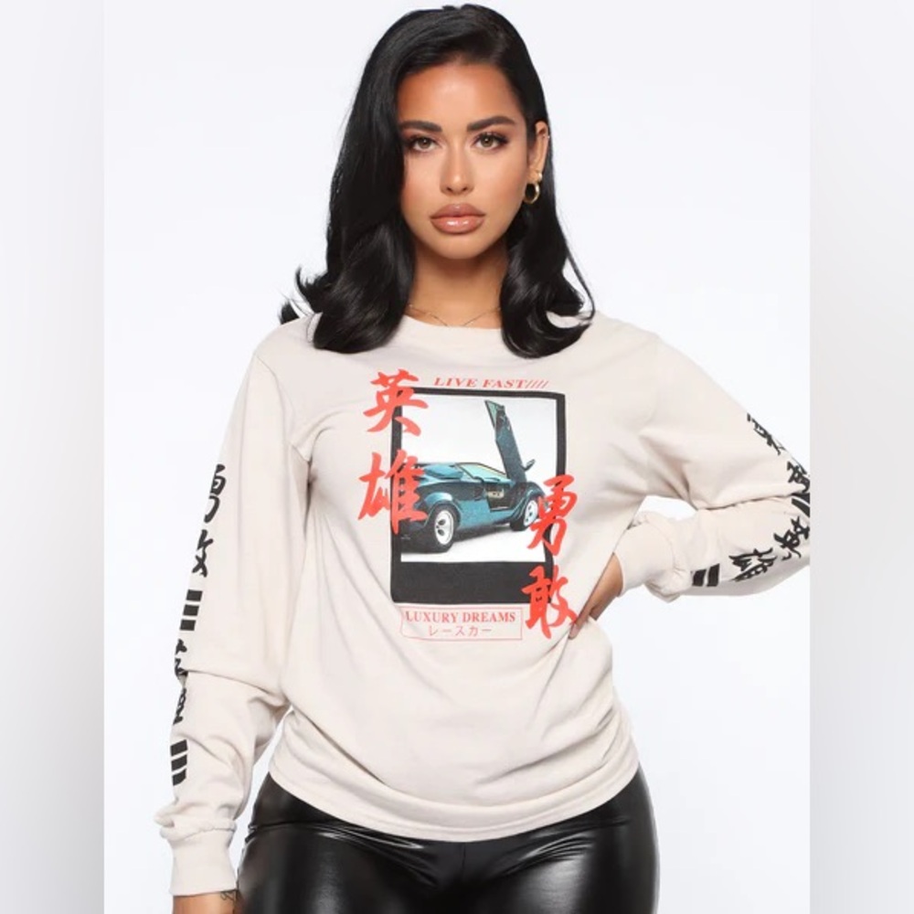 Fashion Nova Tan Graphic Long Sleeve Shirt